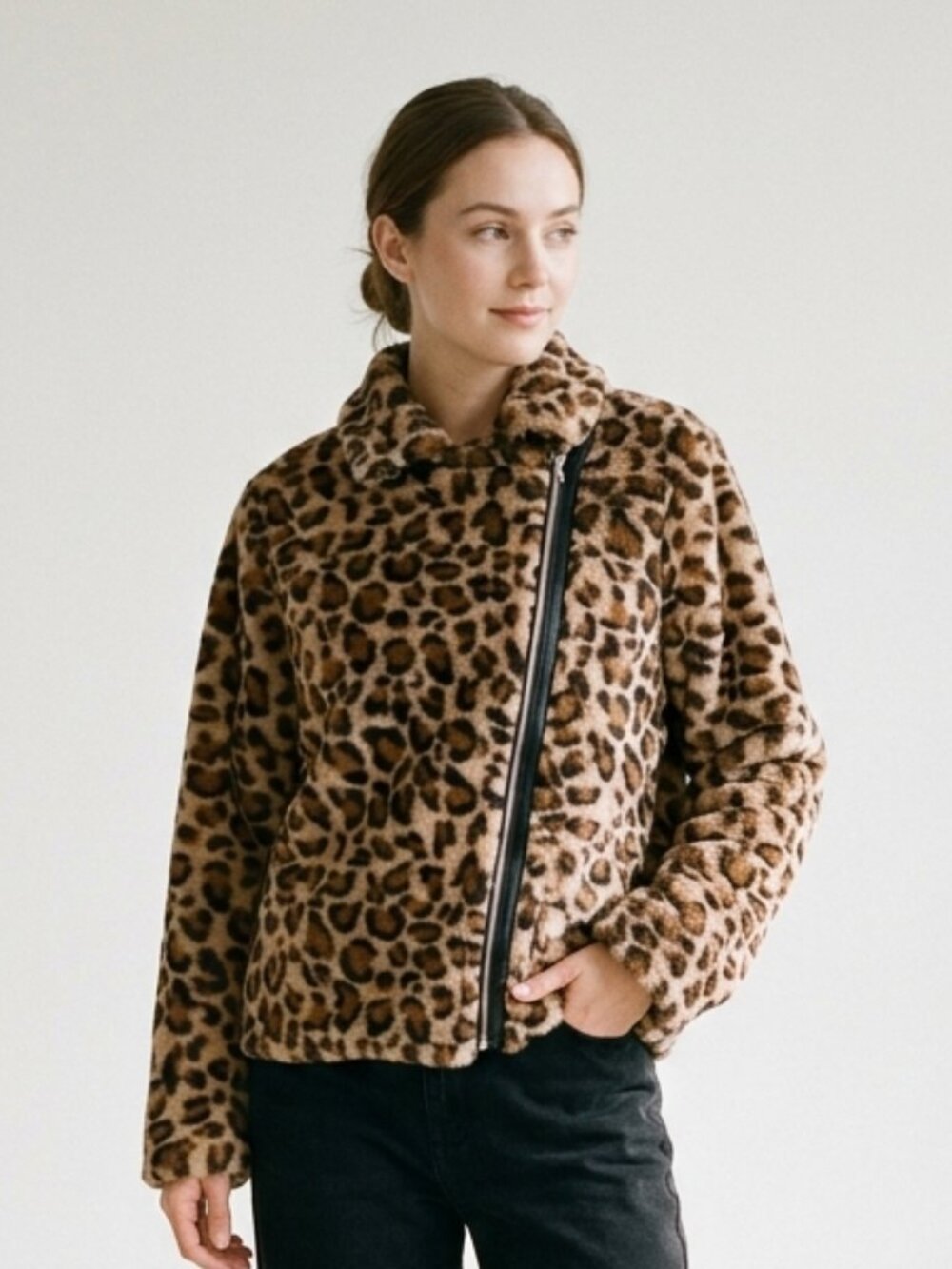 Shein Moto Jacket Leopard Faux Fur Glam Punk Casual S NWT
